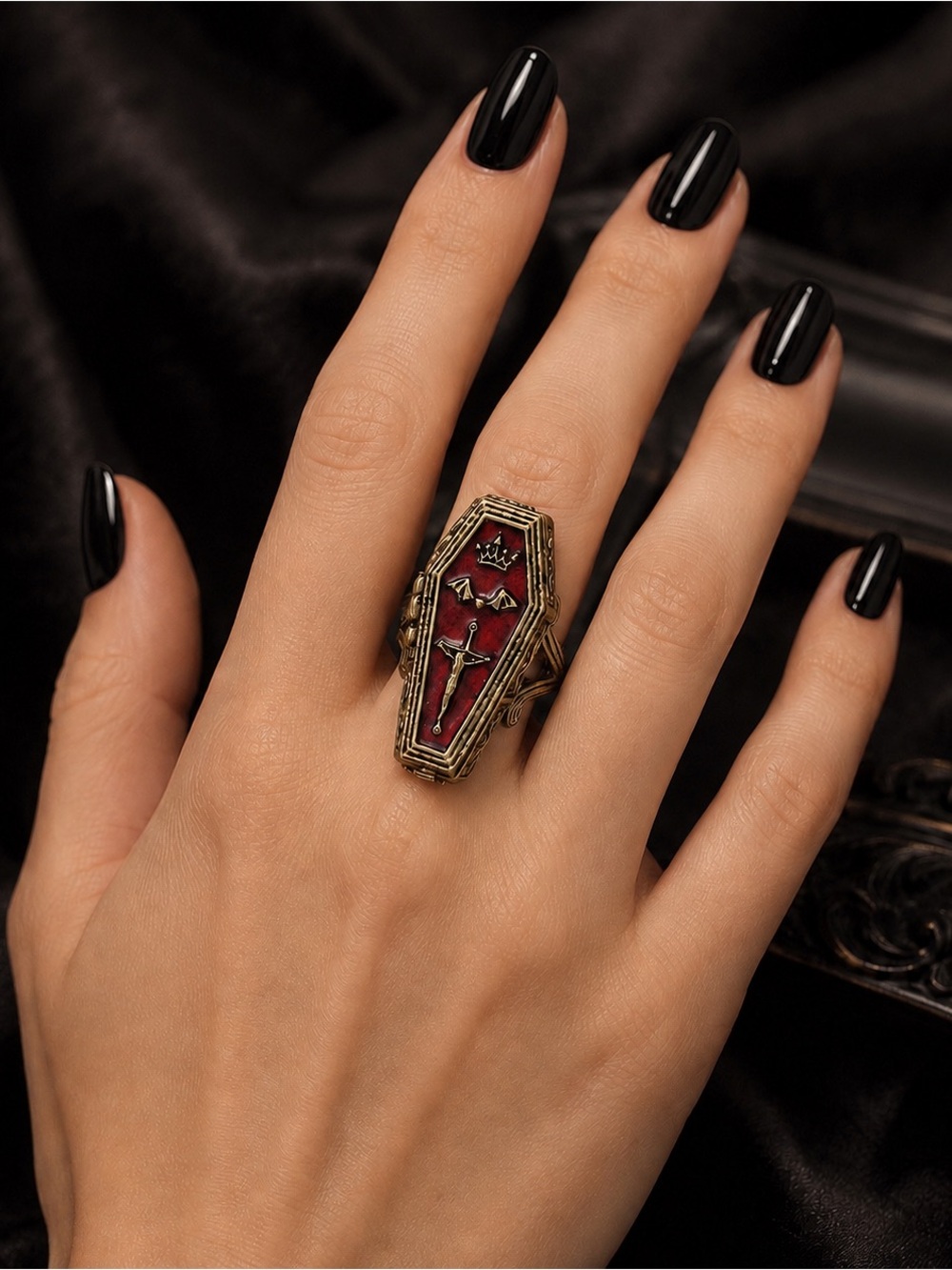 Set of 2 Gothic Coffin Rings Antique Gold & Silver Red NWT